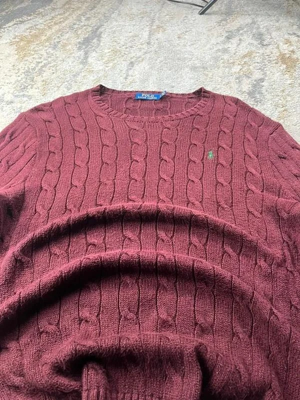 Suéter de lã com padrão de malha de cabo vermelho Bordeaux vintage Ralph Lauren tamanho G – photo 3